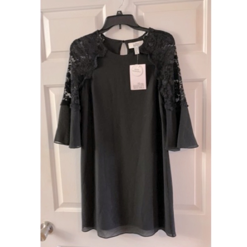 🪢 BELLE by Badgley Mischka Mabel Black Lace Shoulder & Sleeve Dress NWT 4